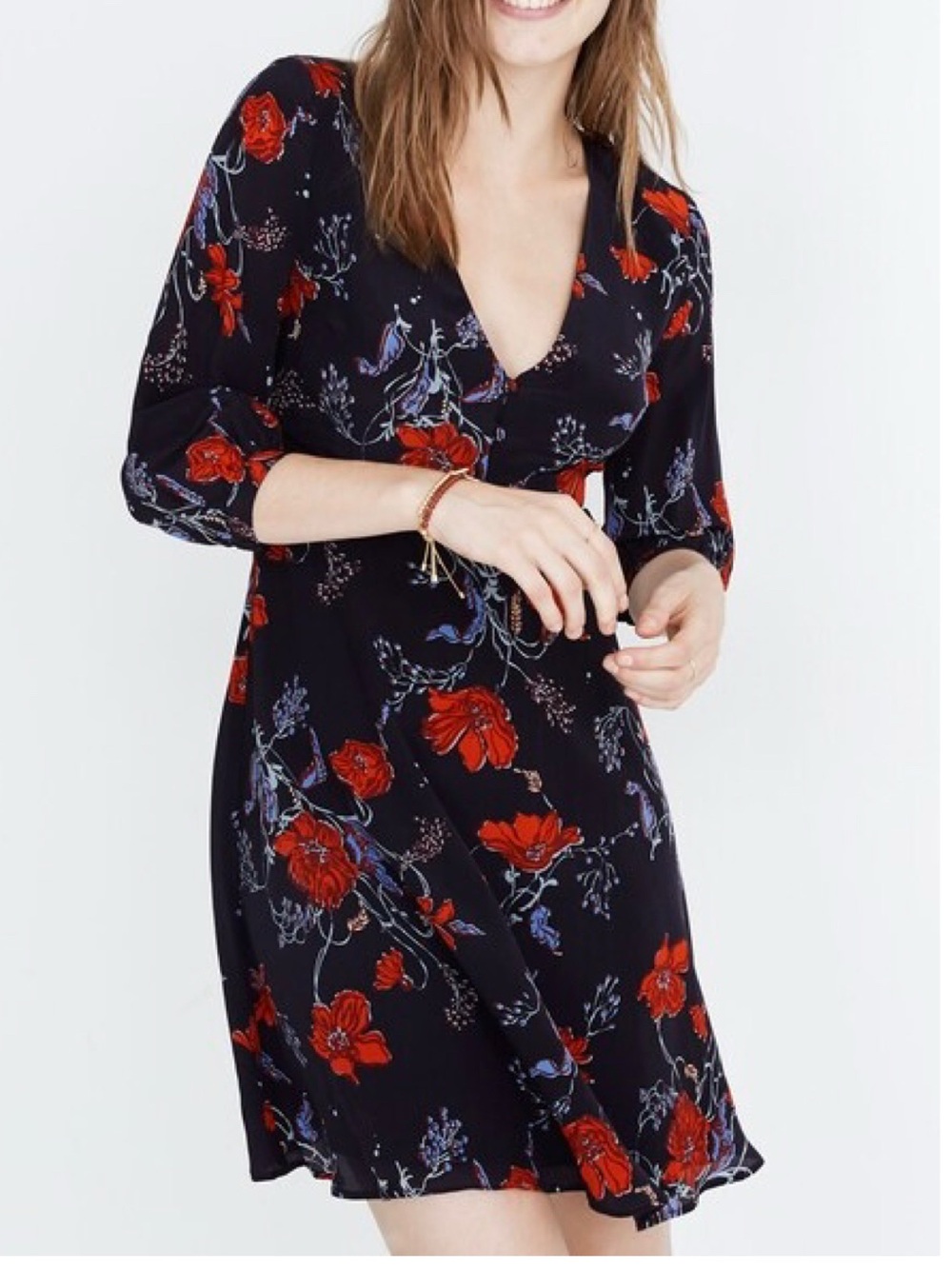 NWT Madewell Silk Ruffle-Waist V-Neck Dress in Windblown Poppies Size 2